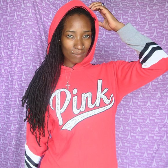 PINK Victoria's Secret blingy studded cursive hoodie sweater in red and white XS - Picture 1 of 7